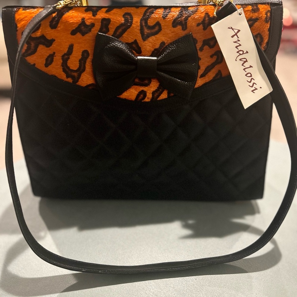 Andalossi Luxury Black and Orange Women's Bag with Fur Animal Print retail $238